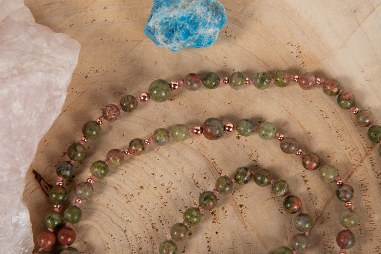 Mala collana con 108 perle di Unakite, Pietra Guru Buddha Giada