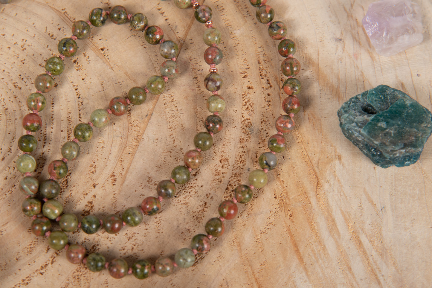 Mala collana con 108 perle di Unakite, Pietra Guru Buddha Giada