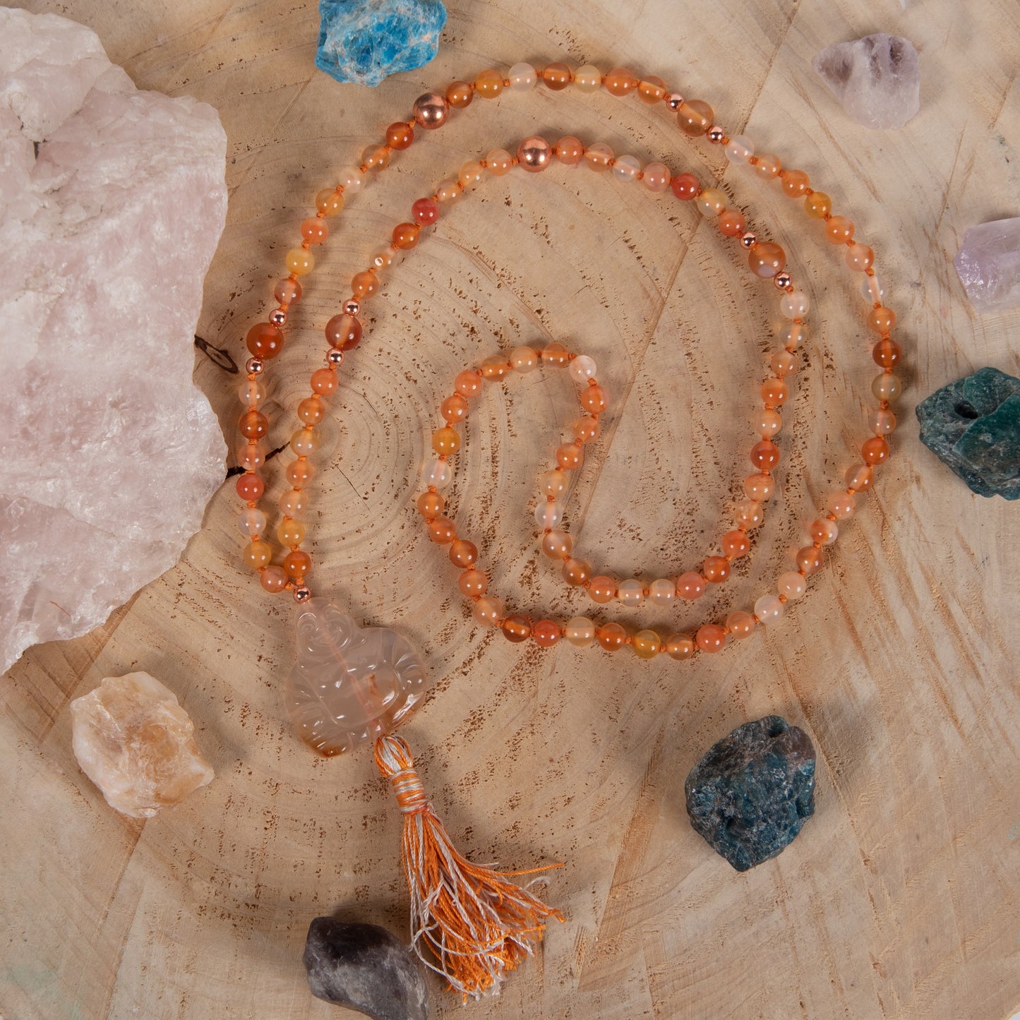 Mala con 108 perle di Corniola, Pietra Guru Buddha Corniola