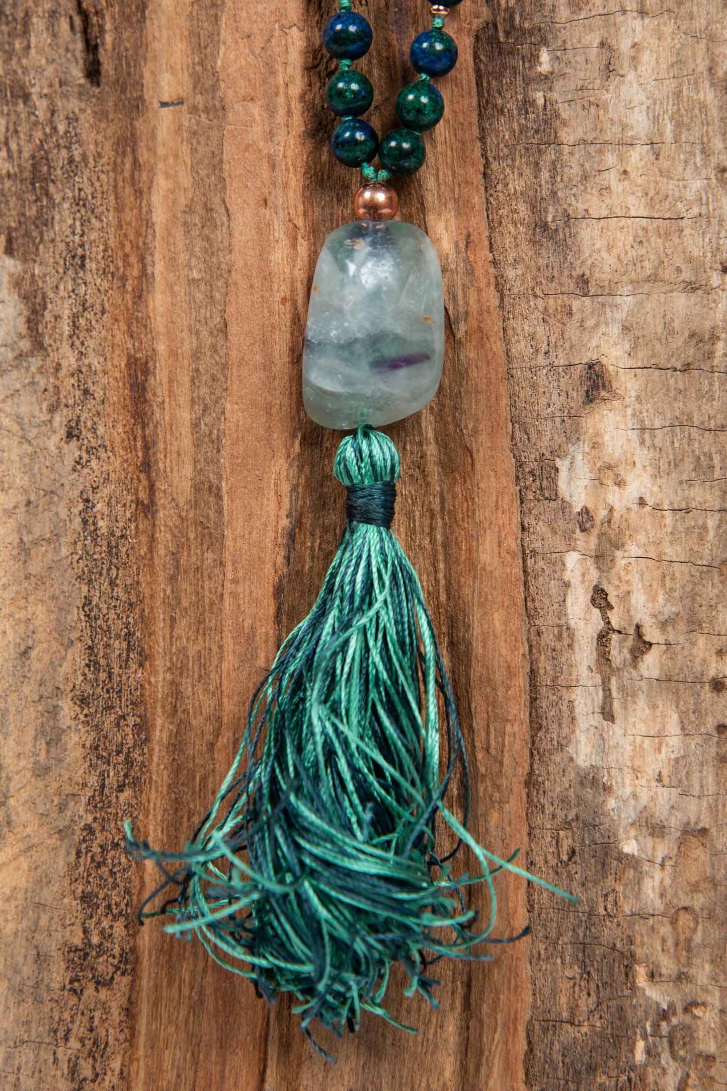 Mala collana da meditazione in Azzurrite, Pietra Guru Fluorite, Rame