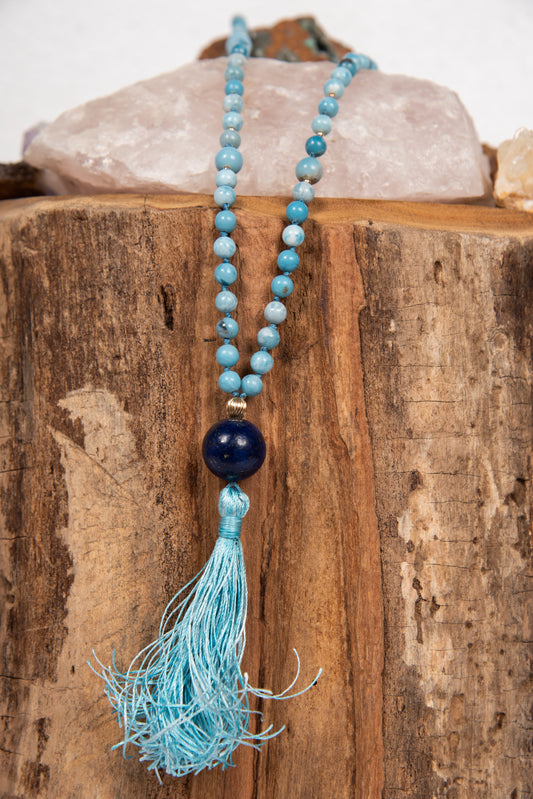 Mala da meditazione di Larimar, Pietra Guru Lapislazzuli, Argento dorato 925, Placcato Oro 14kt