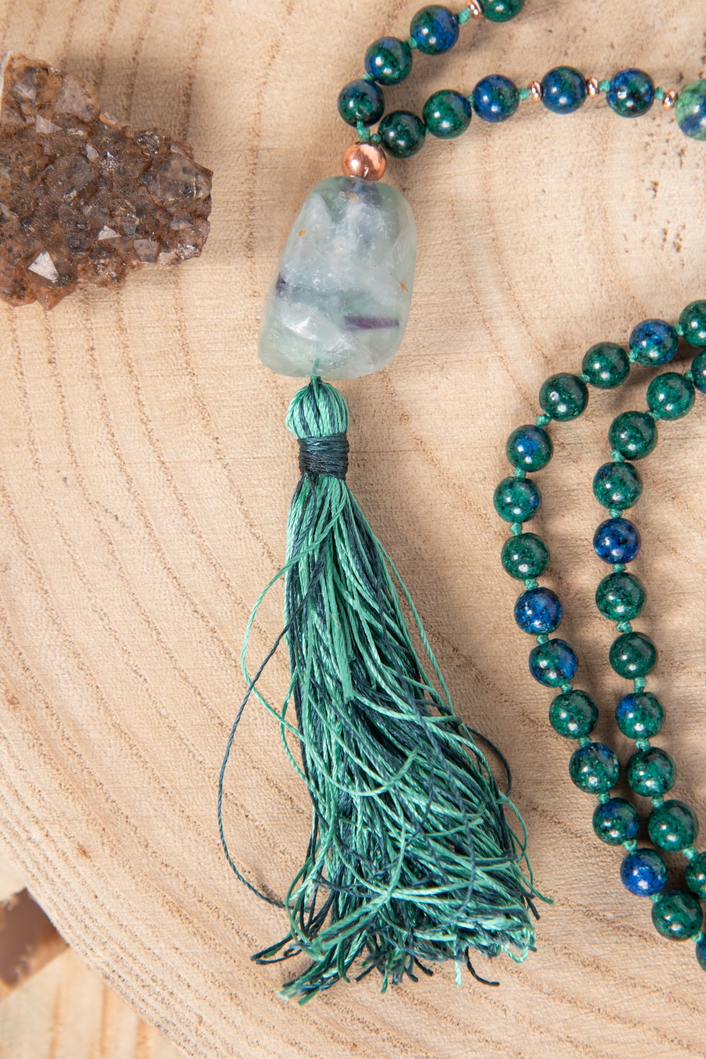 Mala collana da meditazione in Azzurrite, Pietra Guru Fluorite, Rame