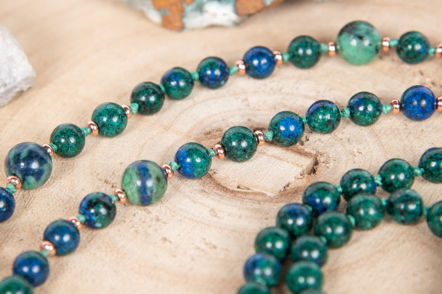 Mala collana da meditazione in Azzurrite, Pietra Guru Fluorite, Rame