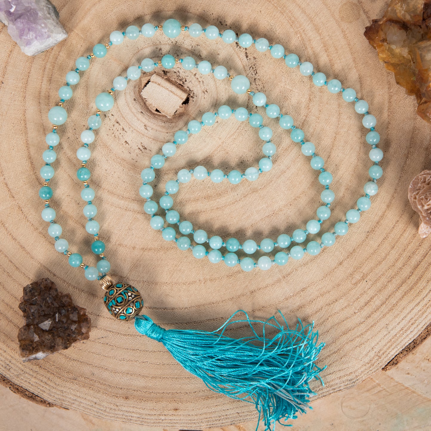 Mala da meditazione in Amazzonite, Perla Guru tibetana, Argento dorato 925, Placcato Oro 14kt