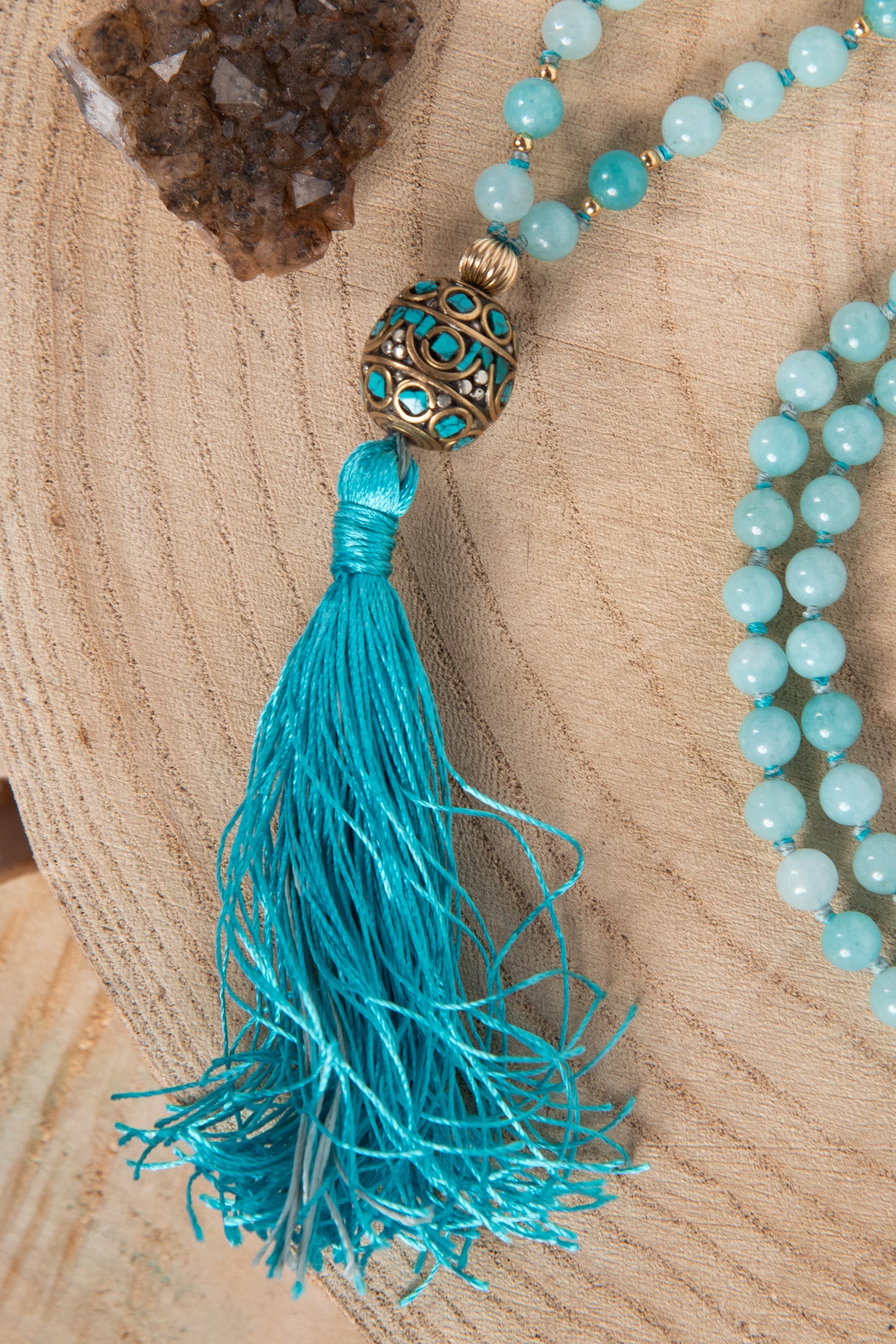 Mala da meditazione in Amazzonite, Perla Guru tibetana, Argento dorato 925, Placcato Oro 14kt