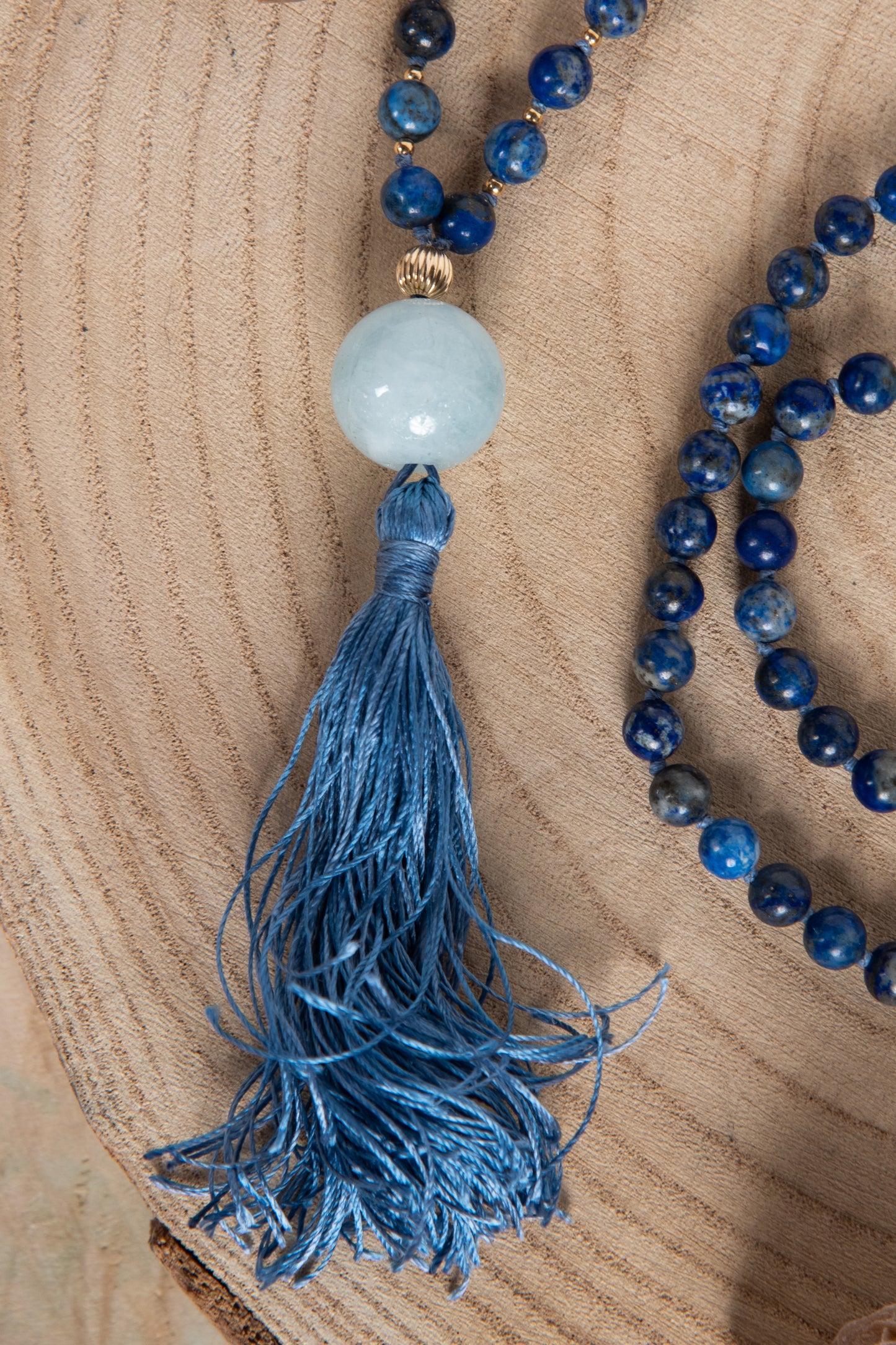 Mala da meditazione in Lapislazzuli, Pietra Guru Acquamarina, Argento dorato 925, Placcato Oro 14kt