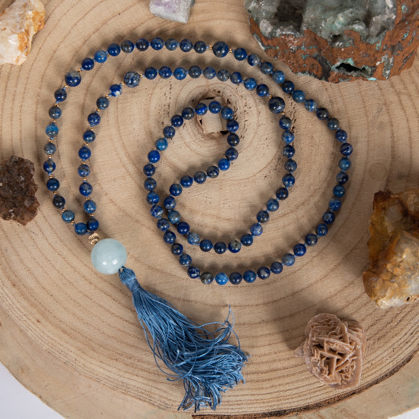 Mala da meditazione in Lapislazzuli, Pietra Guru Acquamarina, Argento dorato 925, Placcato Oro 14kt