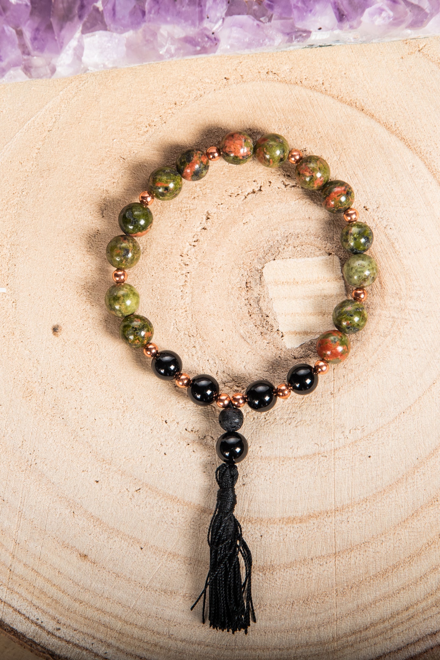 Bracciale Mala Unakite, Onice, Pietra lavica e Rame