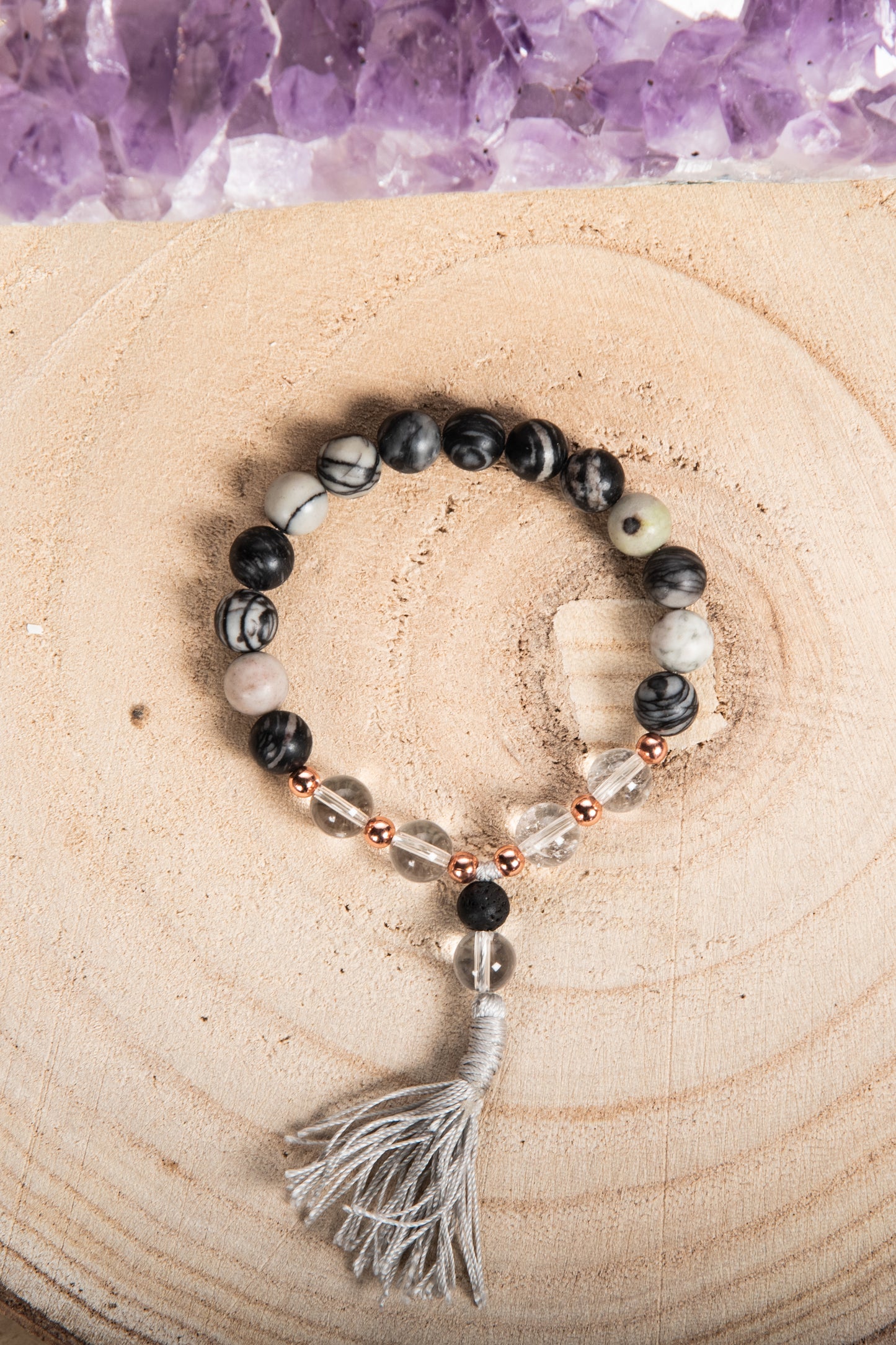Bracciale Mala Diaspro zebrato, Cristallo di rocca, Pietra lavica e Rame