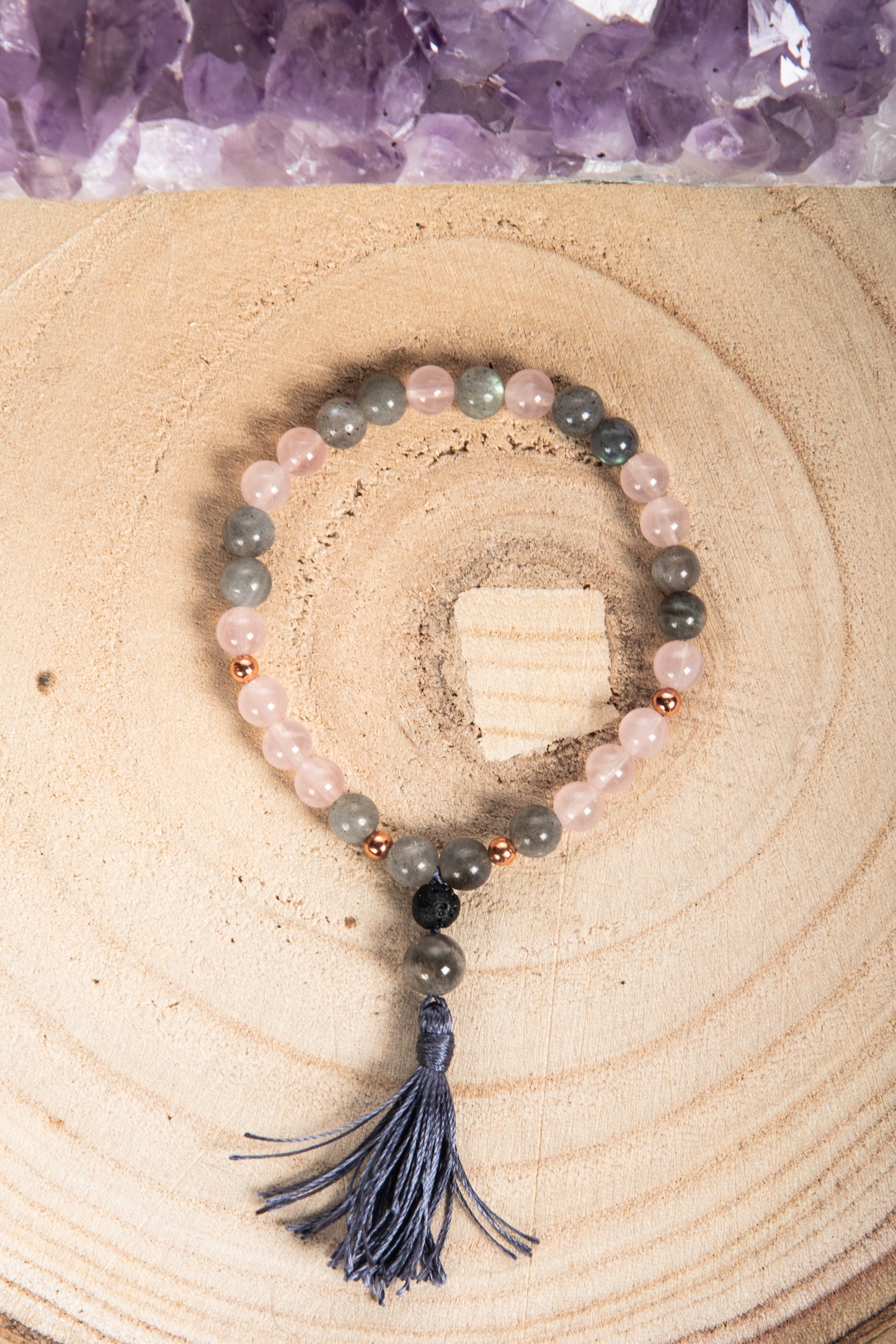 Bracciale Mala Labradorite, Quarzo rosa, Pietra lavica e Rame