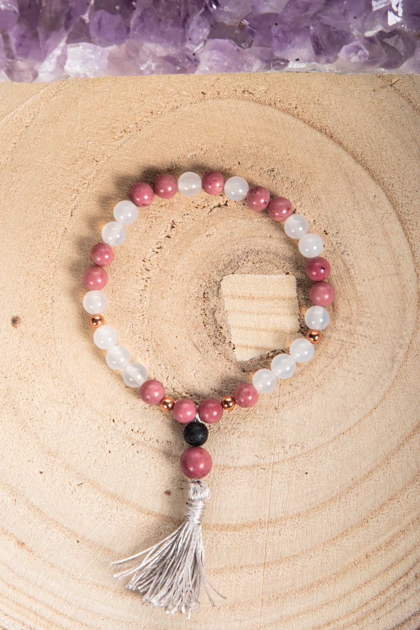 Bracciale Mala Rodonite, Agata bianca, Pietra lavica e Rame
