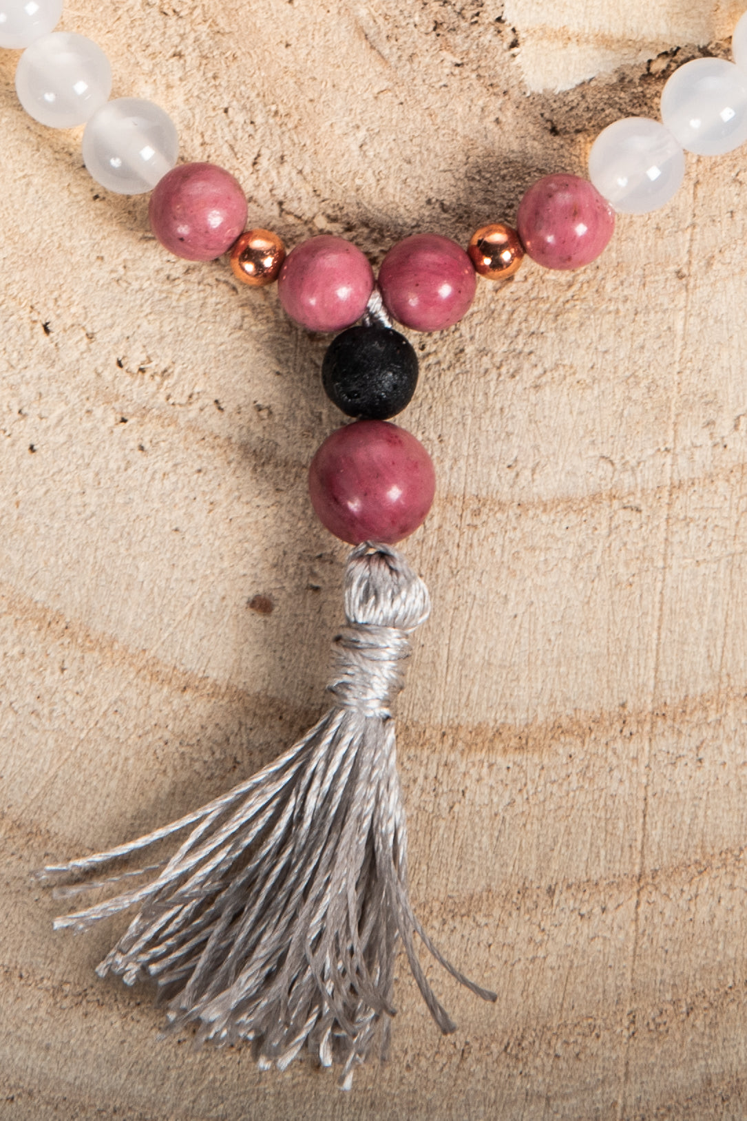 Bracciale Mala Rodonite, Agata bianca, Pietra lavica e Rame