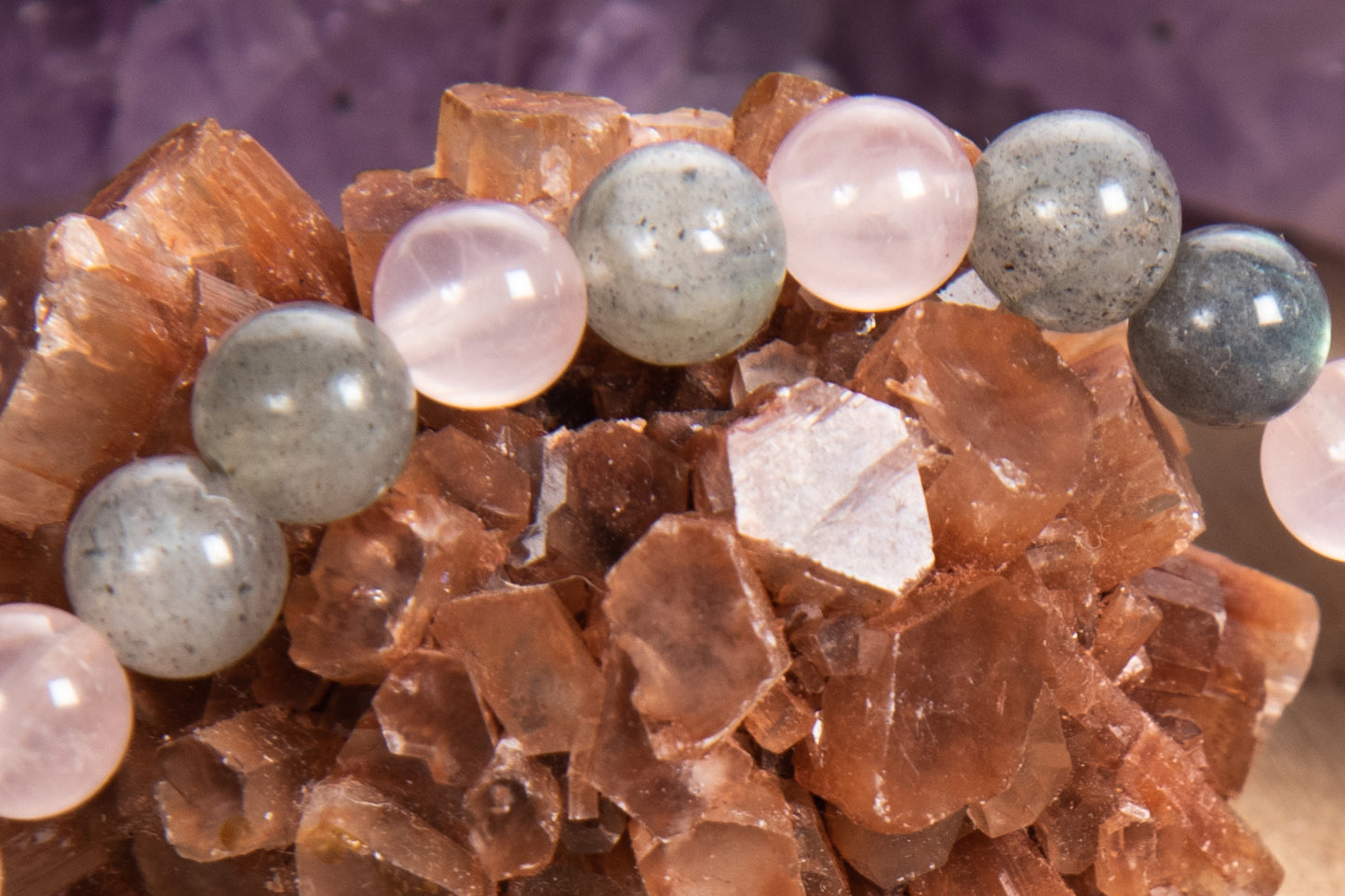 Bracciale Mala Labradorite, Quarzo rosa, Pietra lavica e Rame