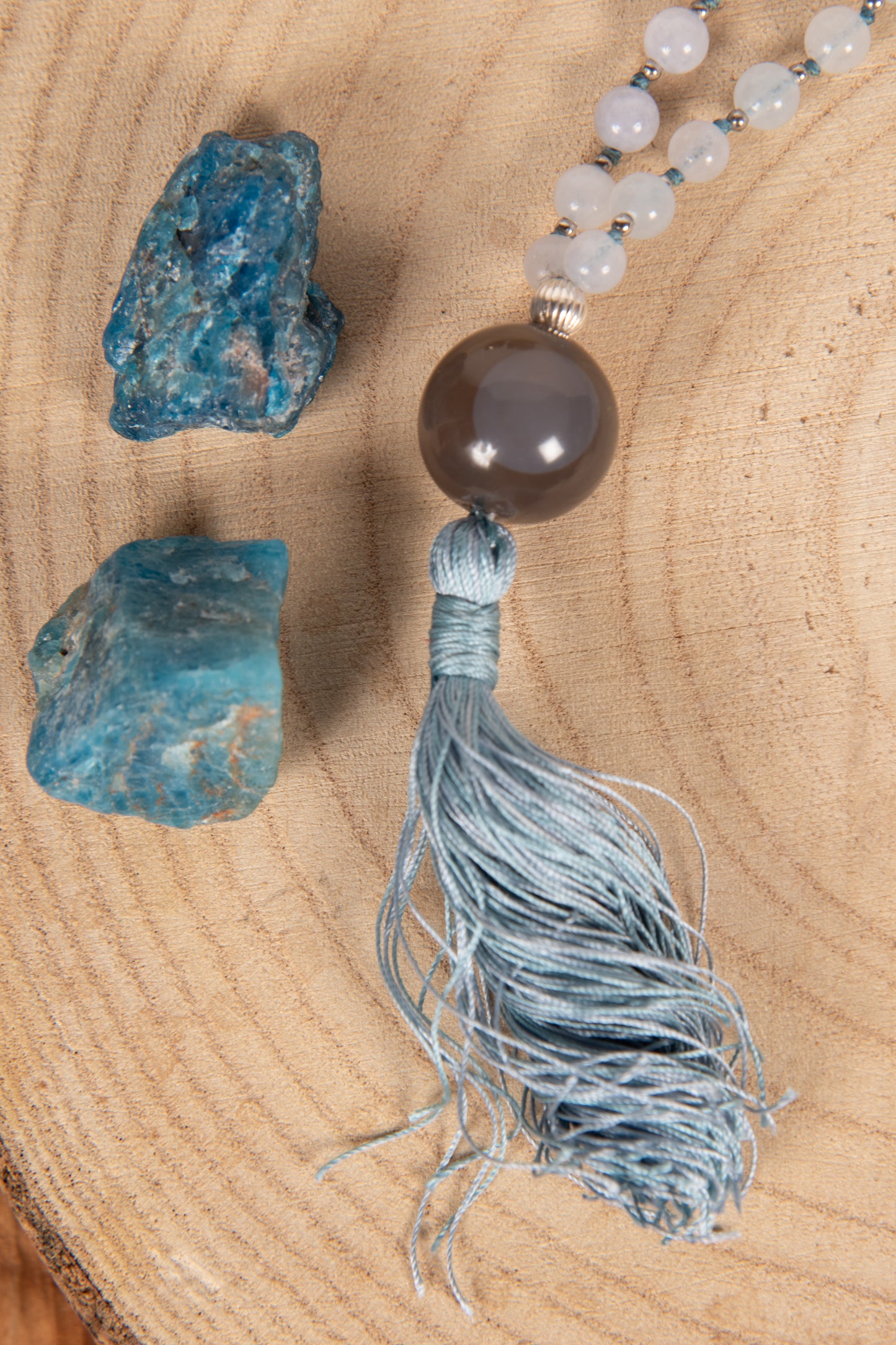 Mala in Acquamarina, Pietra Guru Agata, Argento 925