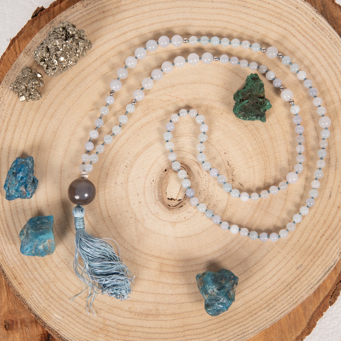 Mala in Acquamarina, Pietra Guru Agata, Argento 925