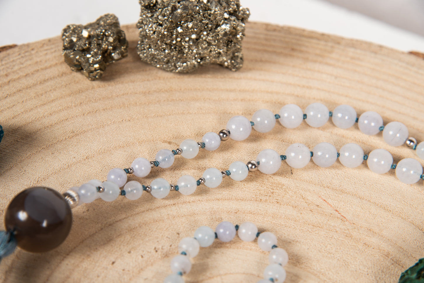 Mala in Acquamarina, Pietra Guru Agata, Argento 925