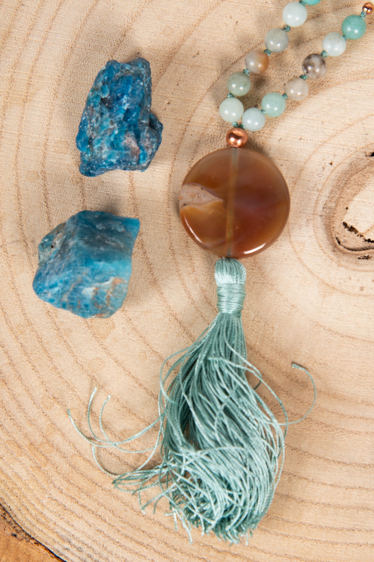Mala in Amazzonite multicolore, Pietra guru Agata e Rame