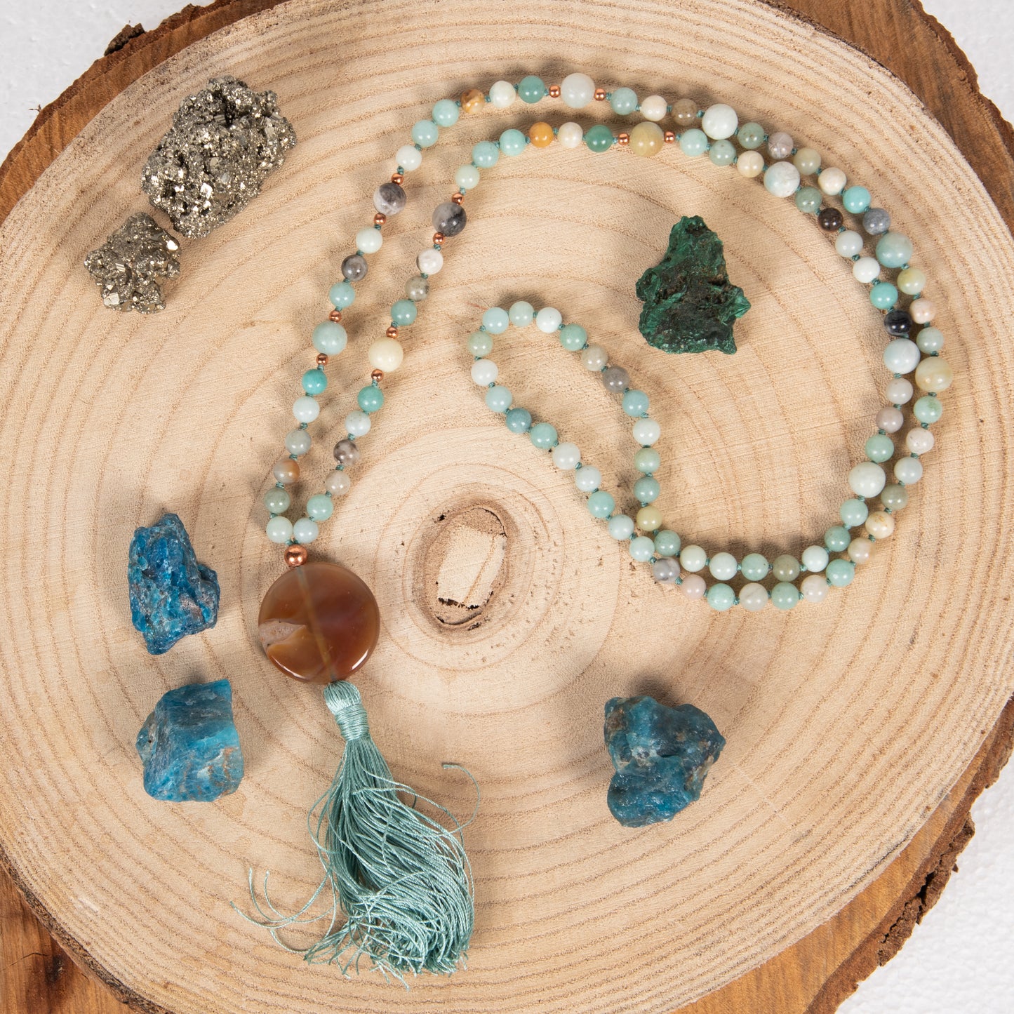 Mala in Amazzonite multicolore, Pietra guru Agata e Rame