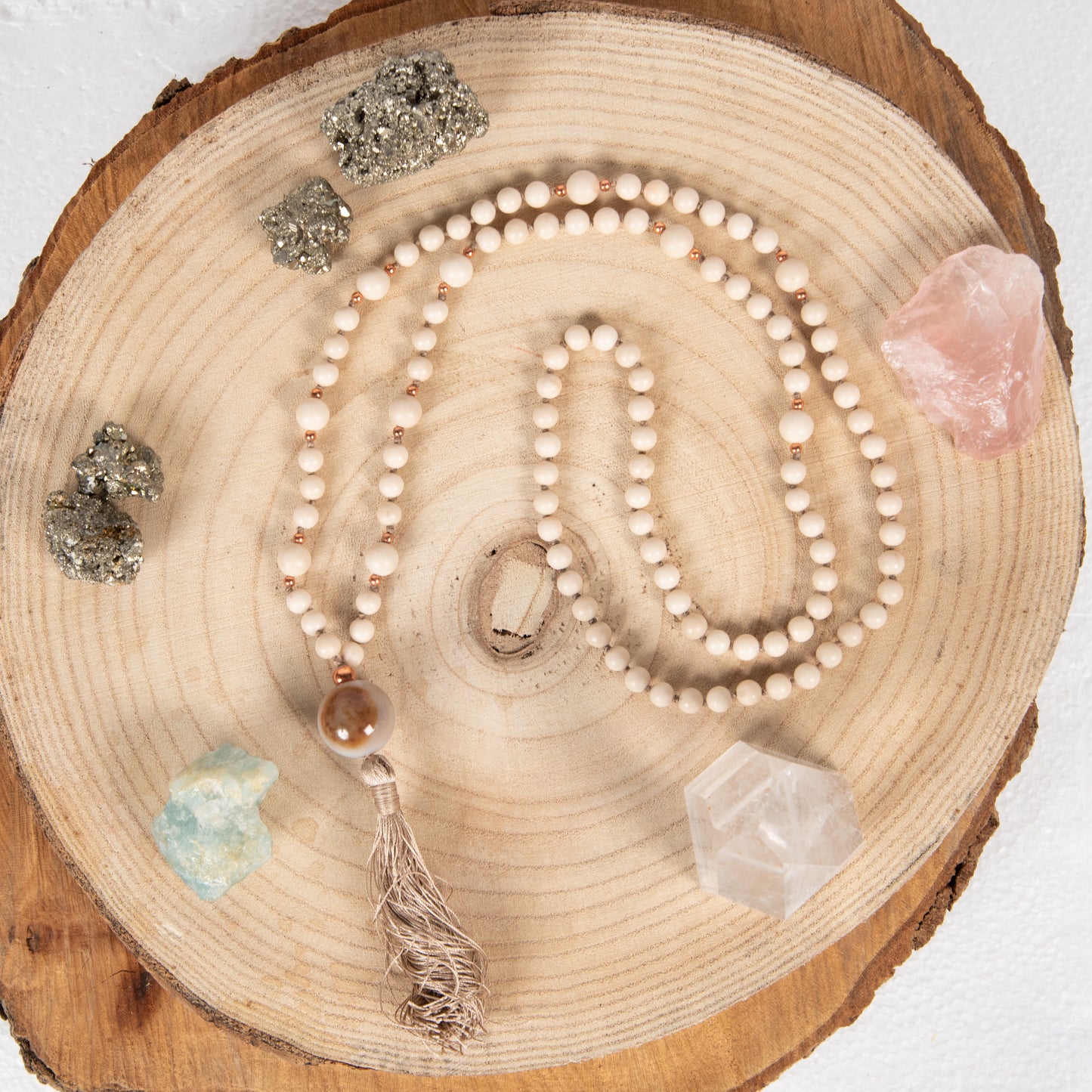 Mala in Diaspro bianco, Pietra Guru Agata, Rame