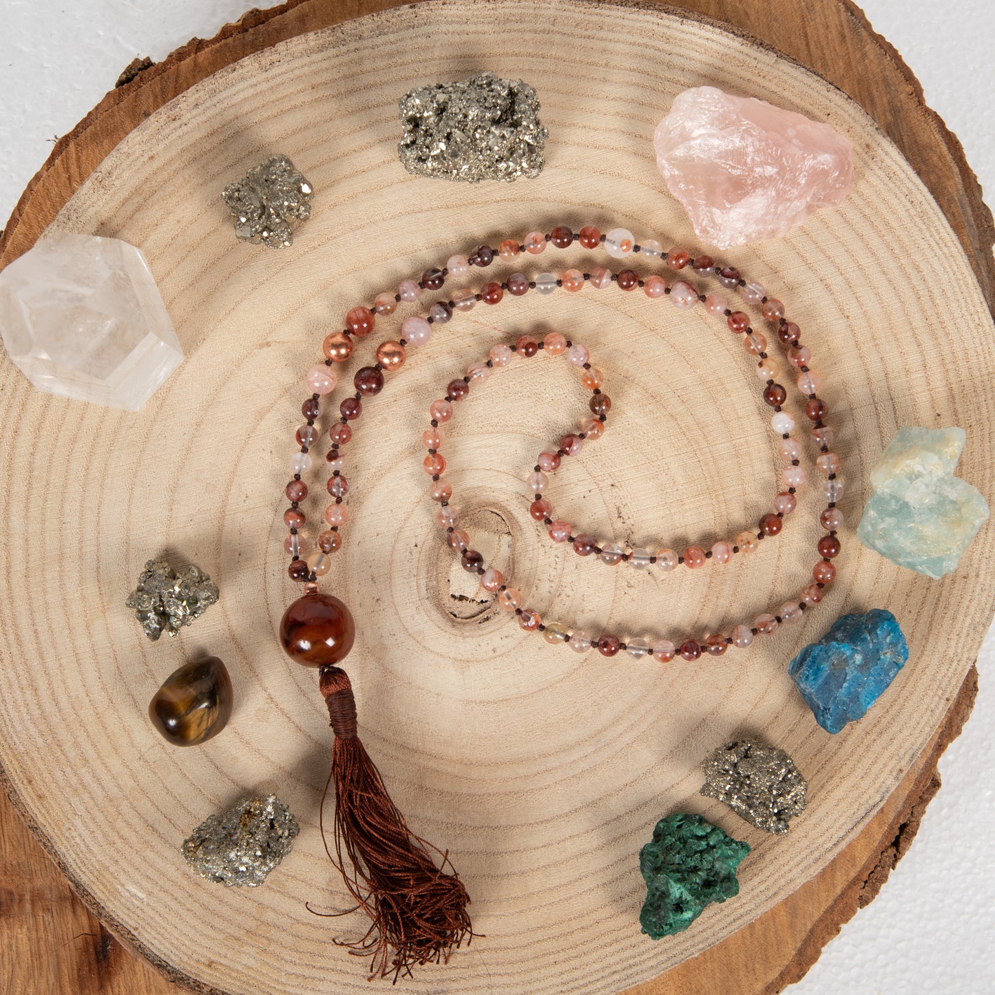 Mala in Quarzo Ematoide, Pietra Guru Agata, Rame