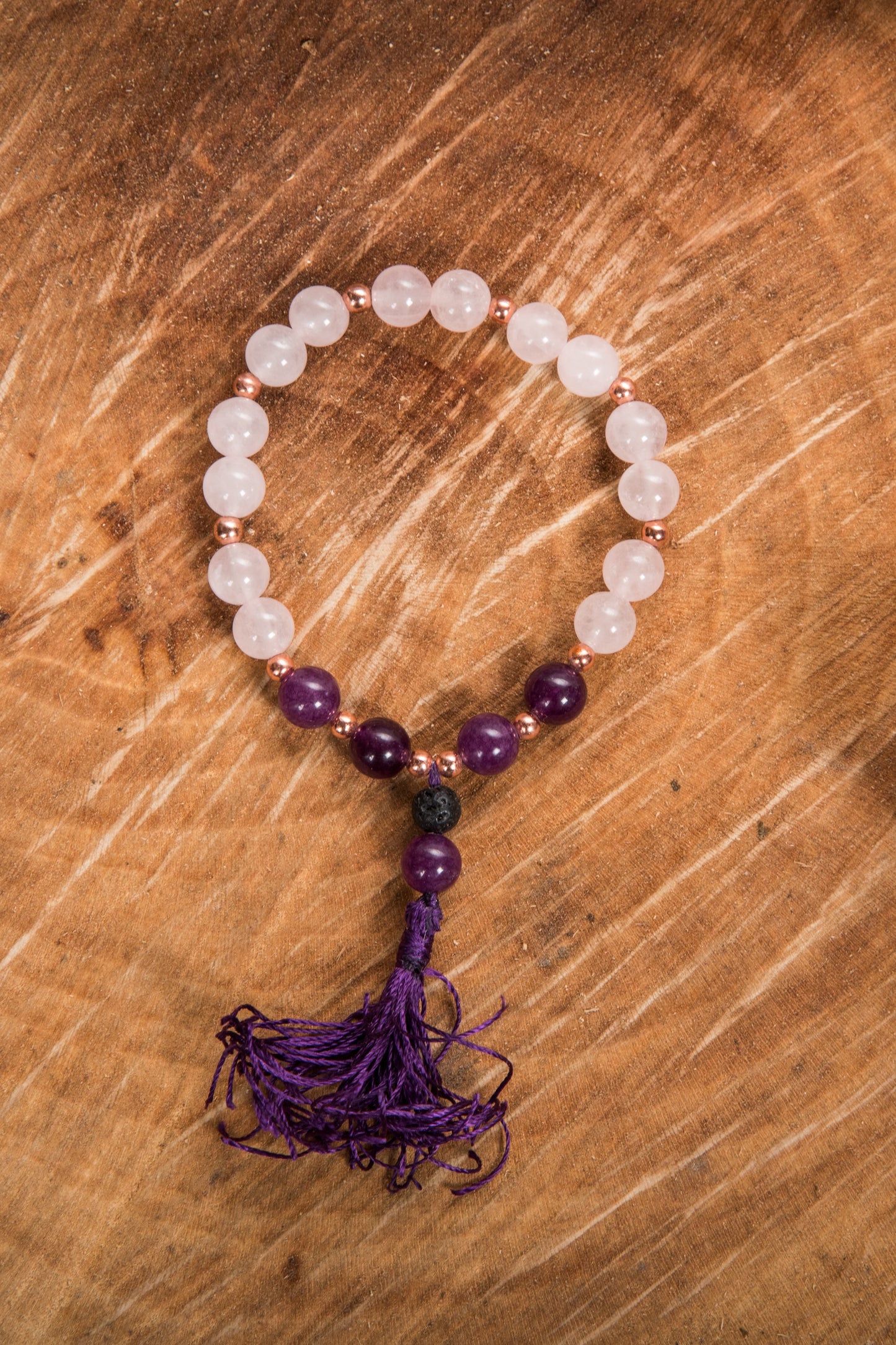 Bracciale Mala Ametista, Quarzo rosa, Pietra lavica e Rame