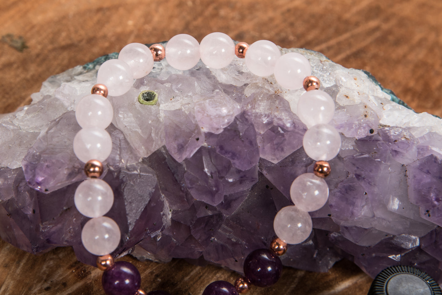 Bracciale Mala Ametista, Quarzo rosa, Pietra lavica e Rame