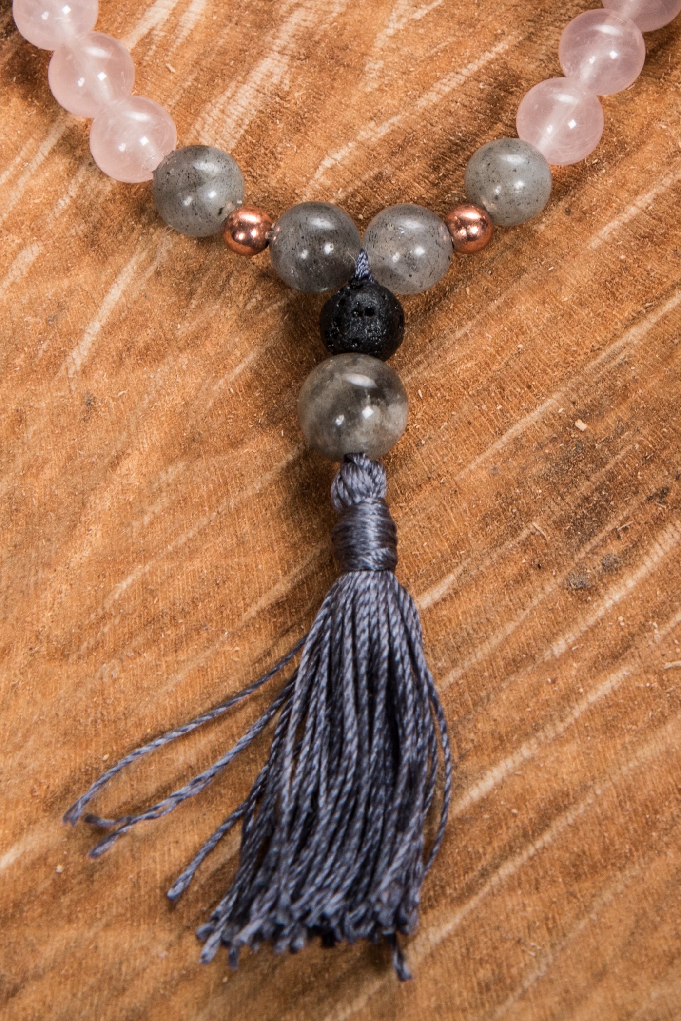 Bracciale Mala Labradorite, Quarzo rosa, Pietra lavica e Rame