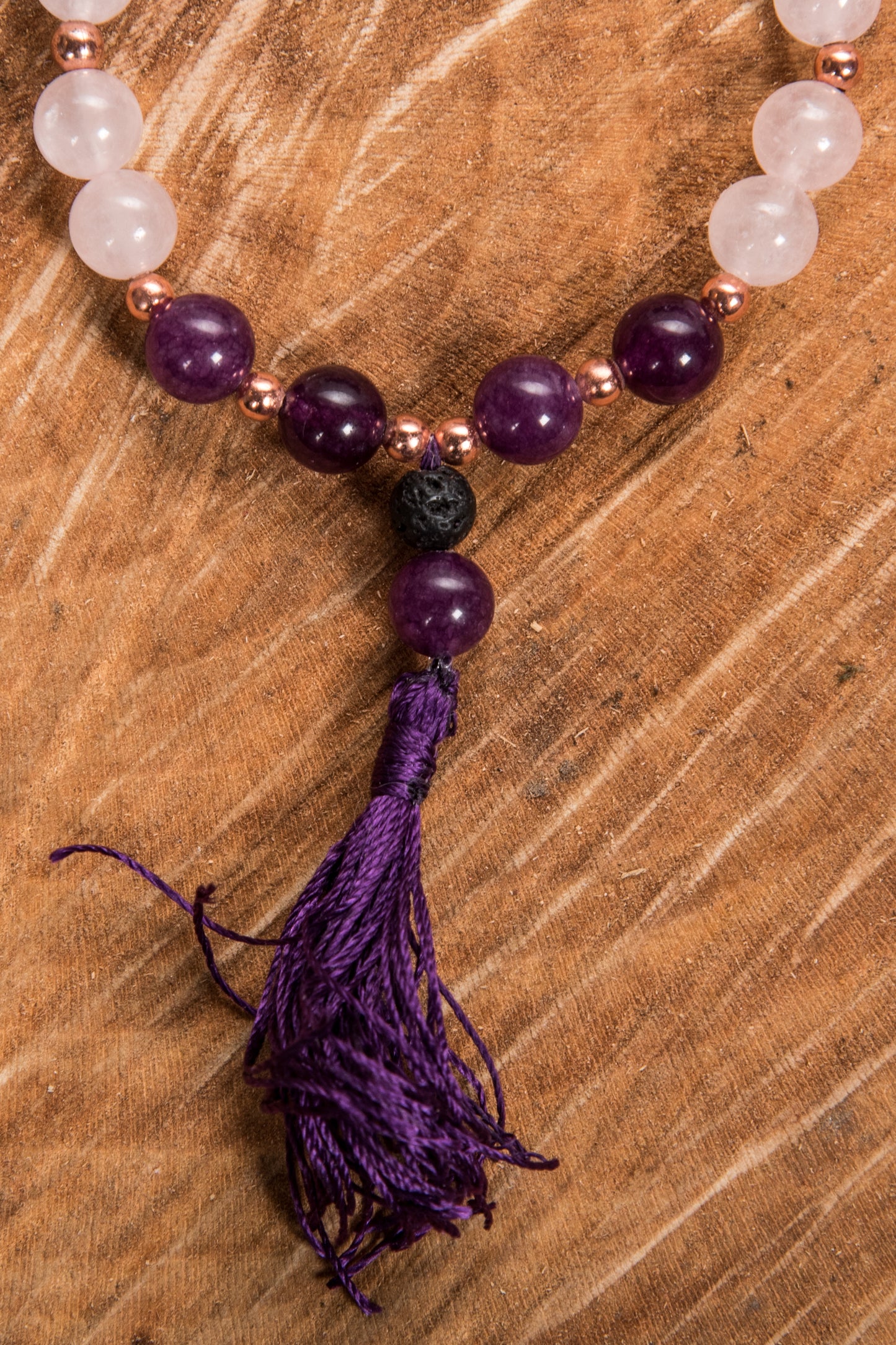Bracciale Mala Ametista, Quarzo rosa, Pietra lavica e Rame