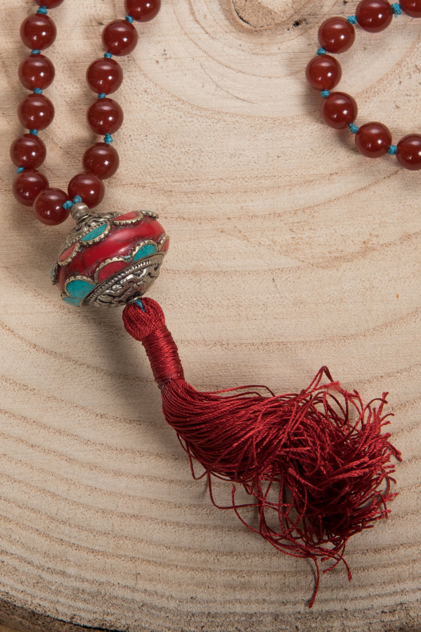 Mala in Agata rossa, Perla Tibetana e Argento 925