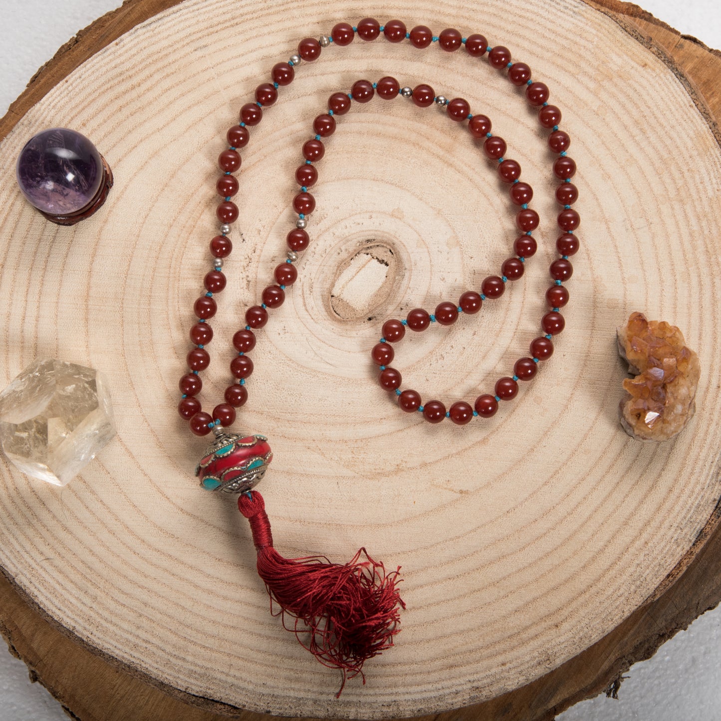 Mala in Agata rossa, Perla Tibetana e Argento 925