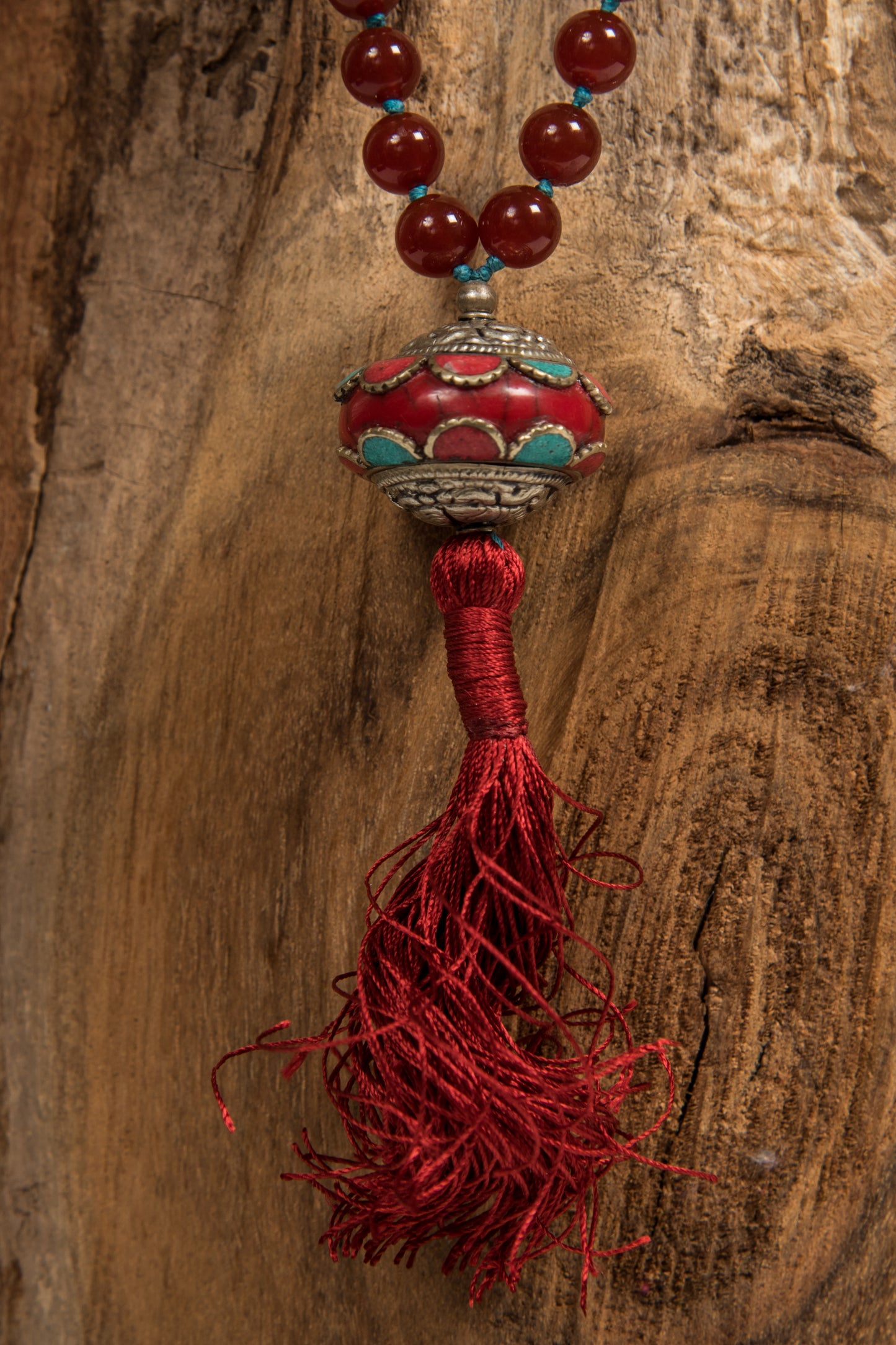 Mala in Agata rossa, Perla Tibetana e Argento 925