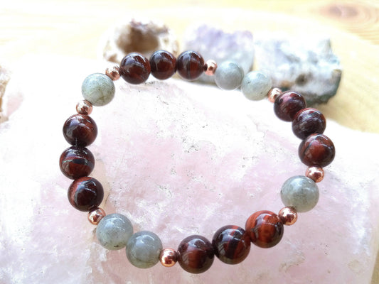 Bracciale perle 8mm occhio di bue, labradorite, rame
