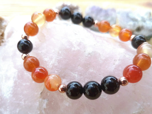 Bracciale perle 8mm corniola, onice, rame