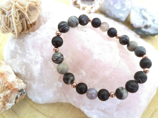 Bracciale perle 8mm diaspro zebrato, onice, agata grigia, rame