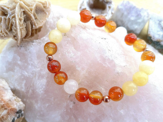Bracciale perle 8mm calcite gialla, corniola, agata bianca, rame