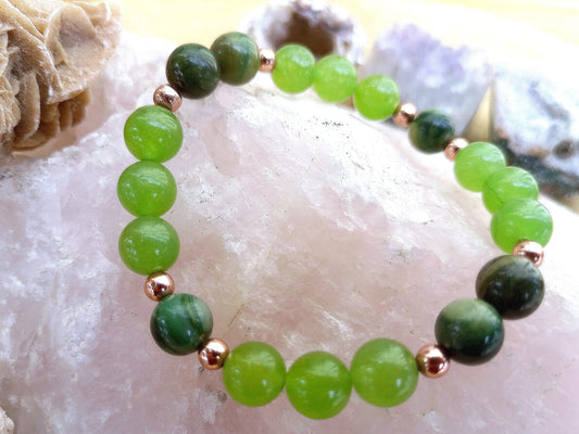 Bracciale perle 8mm avventurina, giada africana, rame