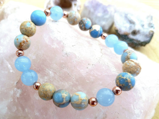 Bracciale perle 8mm diaspro imperiale, acquamarina, rame