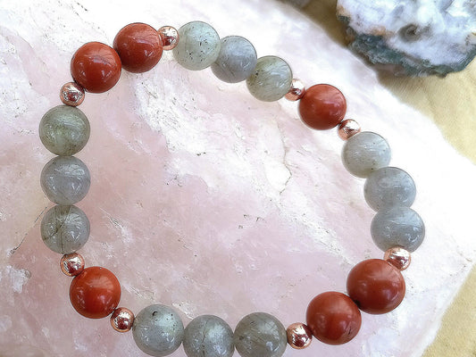 Bracciale perle 8mm diaspro rosso, labradorite, rame