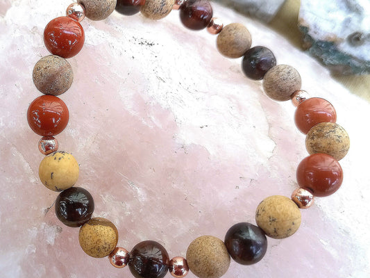 Bracciale perle 8mm diaspro rosso, occhio di bue, diaspro paesaggio, rame