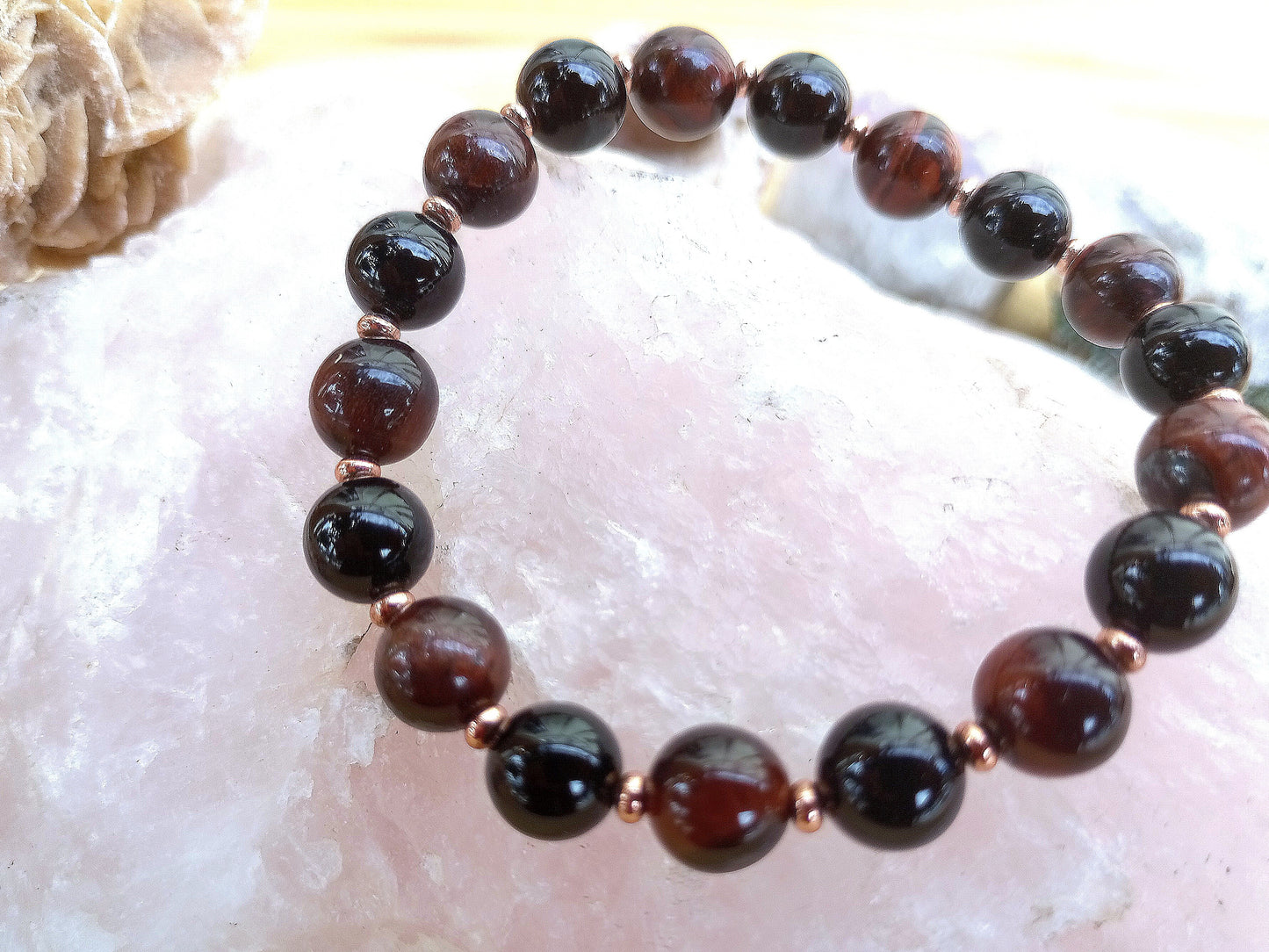 Bracciale perle 8mm occhio di bue, onice, rame
