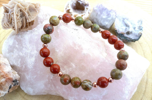 Bracciale perle 8mm diaspro rosso, unakite, rame