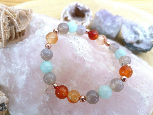 Bracciale perle 8mm amazzonite, corniola, agata grigia, rame