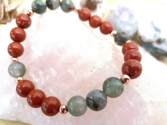 Bracciale perle 8mm diaspro rosso, eliotropio, rame