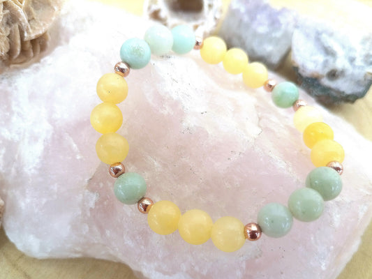 Bracciale perle 8mm calcite gialla, amazzonite, rame