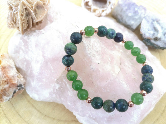 Bracciale perle 8mm azzurrite, avventurina, rame