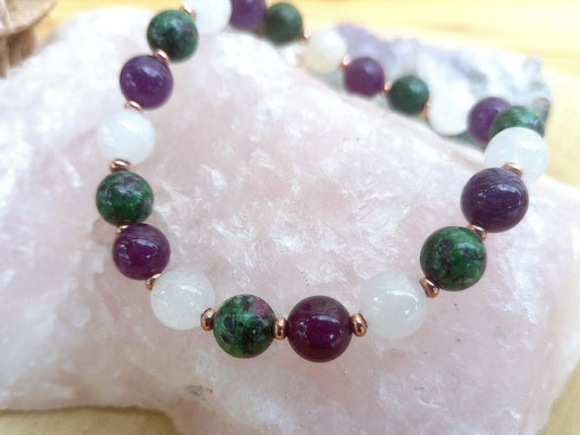 Bracciale perle 8mm zoisite, agata bianca, ametista, rame