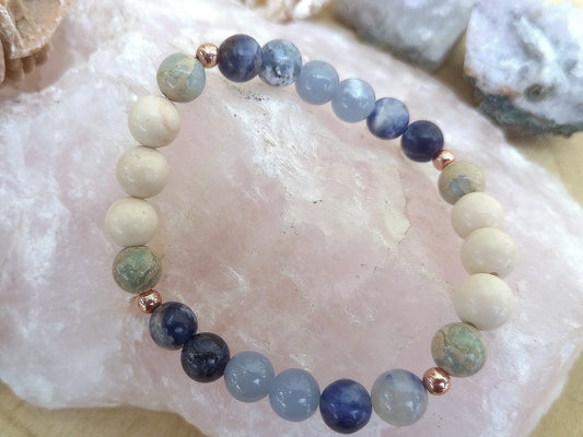 Bracciale perle 8mm sodalite, diaspro bianco, diaspro imperiale, acquamarina, rame
