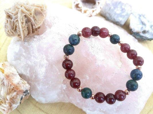 Bracciale perle 8mm granato almandino, apatite, rame