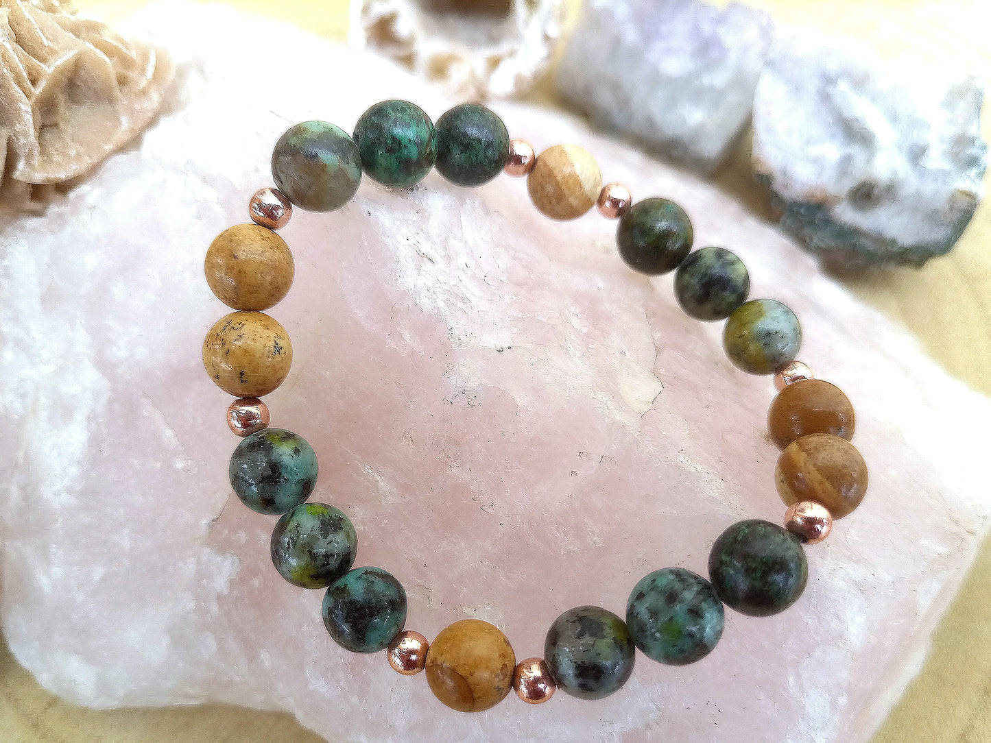 Bracciale perle 8mm turchese africano, diaspro paesagio, rame