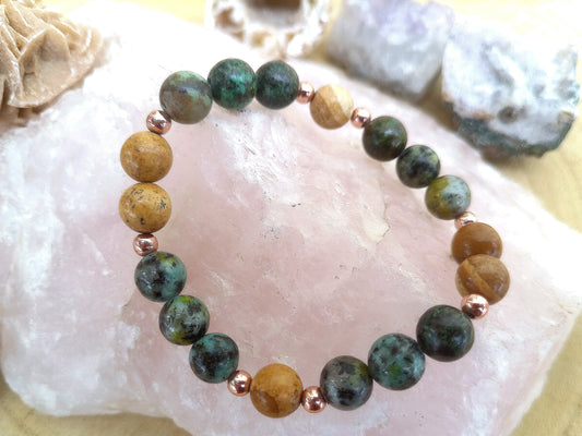 Bracciale perle 8mm turchese africano, diaspro paesagio, rame